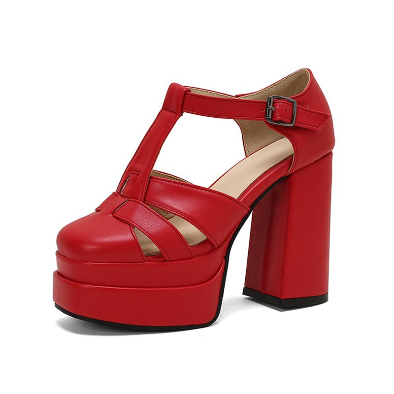 

Большого размера Высокая водонепроницаемая платформа Плетеный тонкий ремень С боковыми вырезами Модные сандалии Супер высокий толстый каблук Сандалии с Т-образным ремешком 40 красный