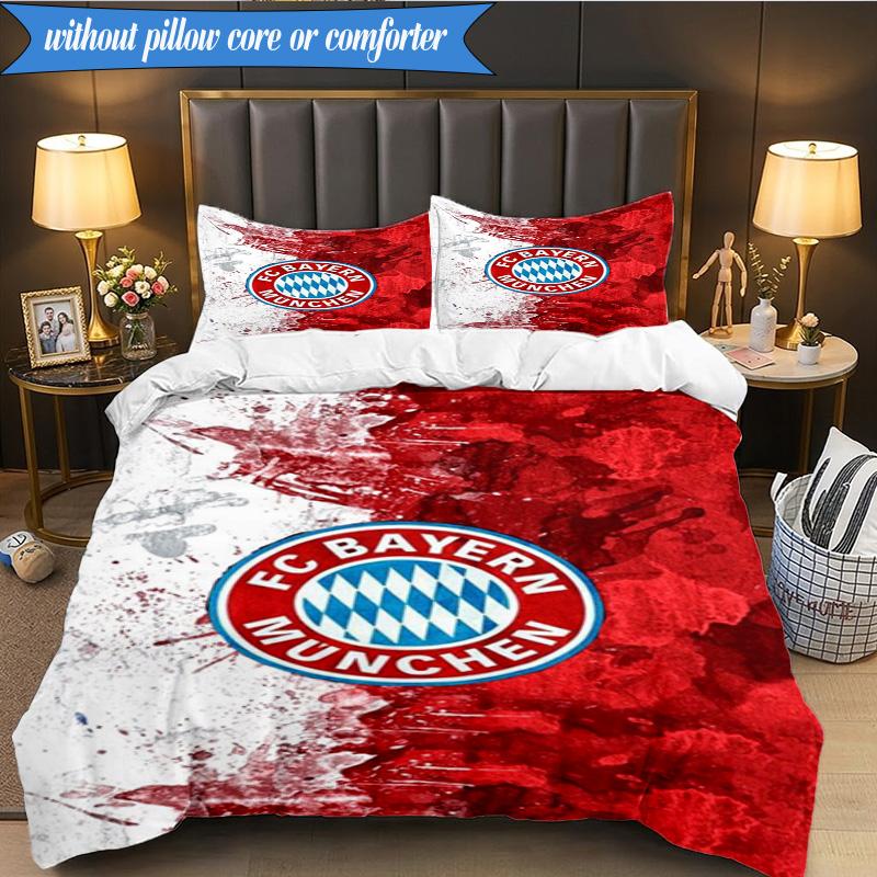 Zestaw pościeli miękkiej z nadrukiem FC Bayern München, 3 sztuki, w tym 1 poszewka na kołdrę i 2 poszewki na poduszki, idealny do sypialni, akademika, prezent dla fana