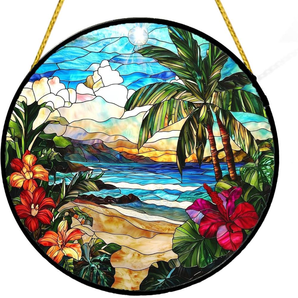 

Seaside Stained Suncatcher Acrylic Wall Board Window Hanging Pendant Sunset Beach Print Home Wall Room Decor Ornament, Perfect for Home, Kitchen 15*15