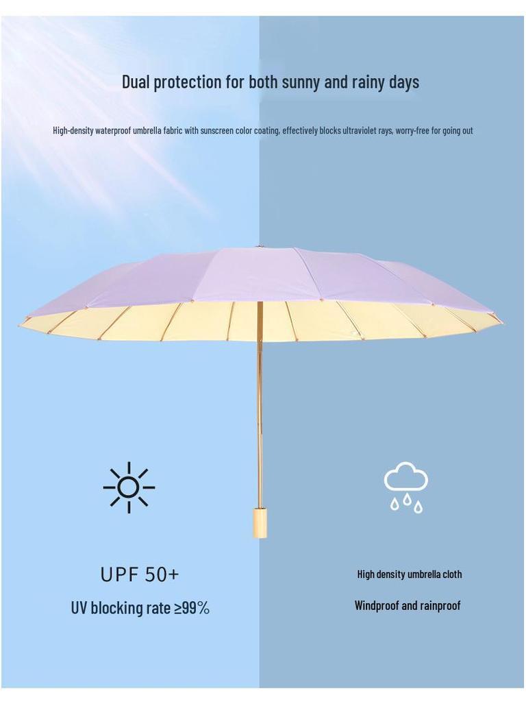 16-Rib Colorful Folding Umbrella for Women - Large, UV Protection, Sun/Rain Use 