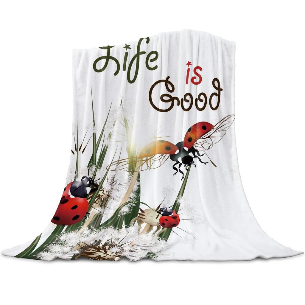 Coperta in pile leggera, super morbida, accogliente, rossa con coccinella su sfondo bianco, coperta regalo per adulti e bambini
