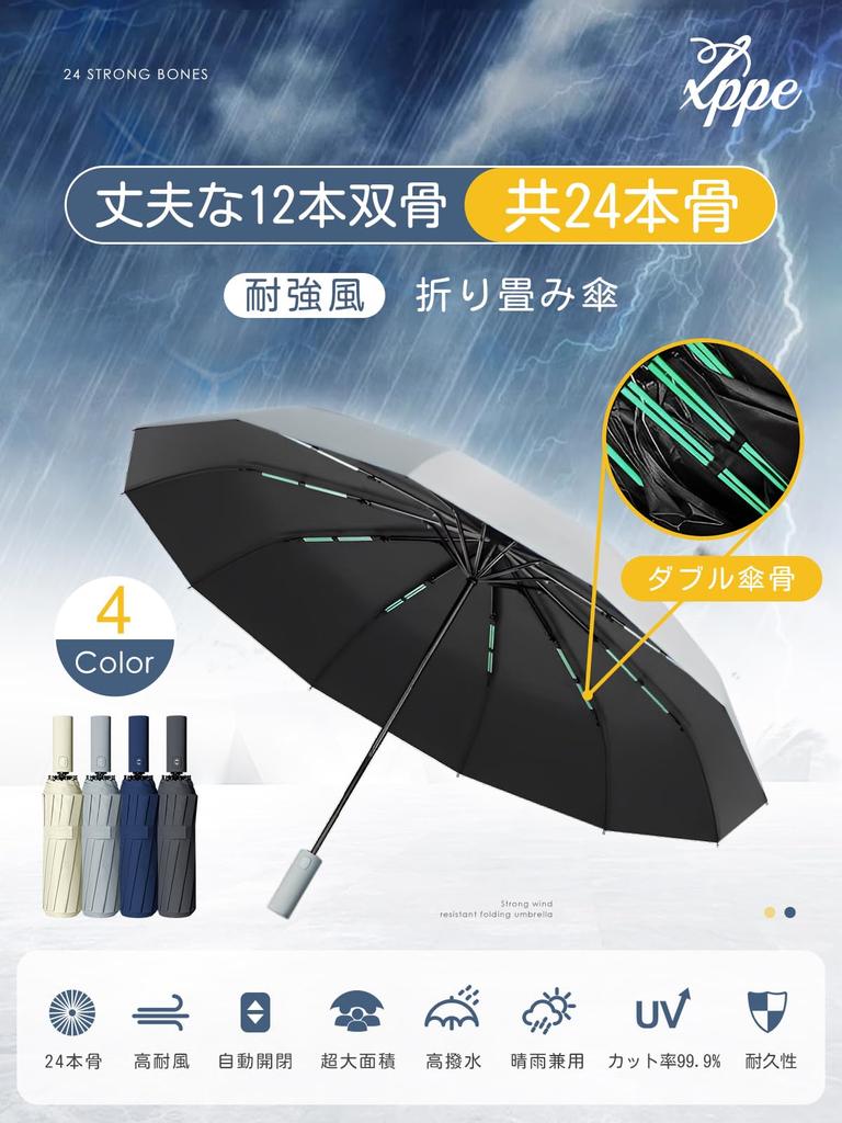 Xppe High Wind Large Folding Umbrella with Double Automatic UV Heat High Water Rain or Rainy Season Storage Pouch Durable Parasol [2024 12-Rib,