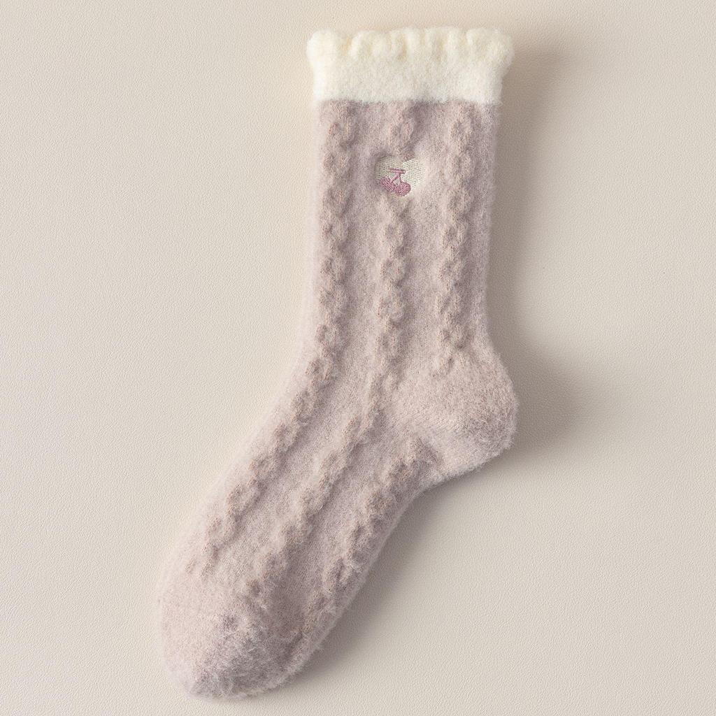 Korean Style Women's Mid-Calf Lace Color Block Wool Socks with Heart Embroidery - Fleece-Lined for Extra Warmth