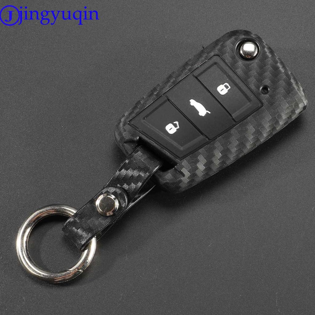jingyuqin Carbon Silicone Key Case Cover For VW Polo Golf 7 Tiguan for Skoda Octavia Kodiaq Karoq for SEAT Ateca Leon Ibiza