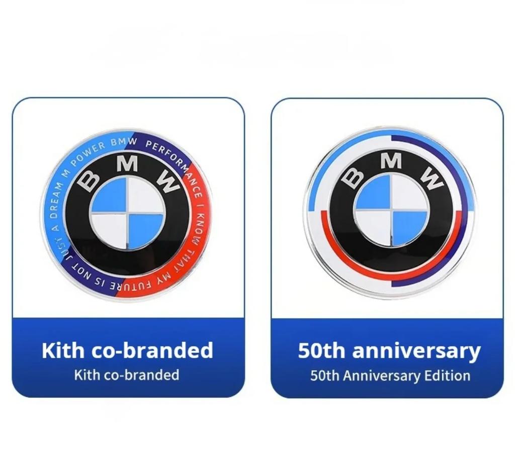 XZDXD1 For BMW Kith&BMW  Anniversary Logo Front Cover Badge 81mm + Rear Badge 72mm + Hubcap 56mm + Steering Wheel Sticker 46mm  Car Acc
