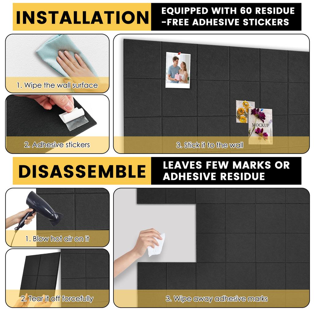 12 Pcs Felt Bulletin Board Cork Board Felt Sound Insulation Panels with 60 Adhesive Stickers and 35 Nails Cork Board Alternative