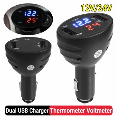 3-in-1 Auto-Zigarettenanzünder 12/24V Dual-USB-Ladegerät Digitales LED-Thermometer Voltmeter Monitor Auto-Voltmeter Strommesser
