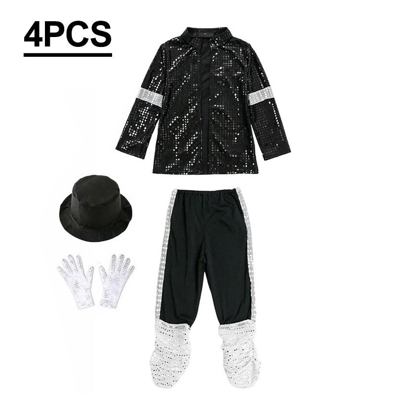 Jongens Michael Jackson Cosplay Outfit Pailletten Zanger Podiumkostuum Kinderen Halloween Karnaval Feest Dansuitvoering Verkleed 3-4Y (Size S) black