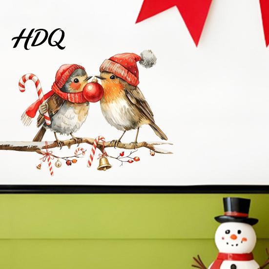 Weatherproof Bird Pattern Stickers Christmas Birds On Tree Branch Wall Sticker Cute Watercolor Decal Waterproof PVC Mural with Ball Candy Cane Bell