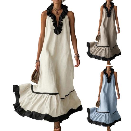 Women's Summer Halter Maxi Dress Ruffle Trim Sleeveless Flowy Long Dress Casual Beach Vacation Sundress