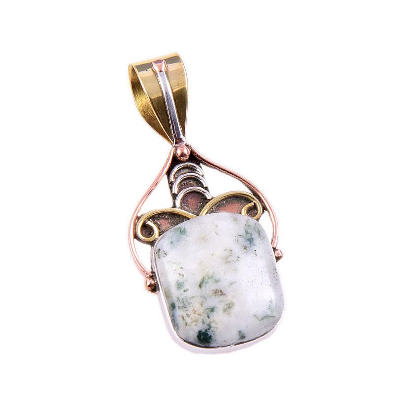 Natural Green Dendrite Opal Gemstone 925 Solid Silver TwoTone Pendant 1.75" Q3l61