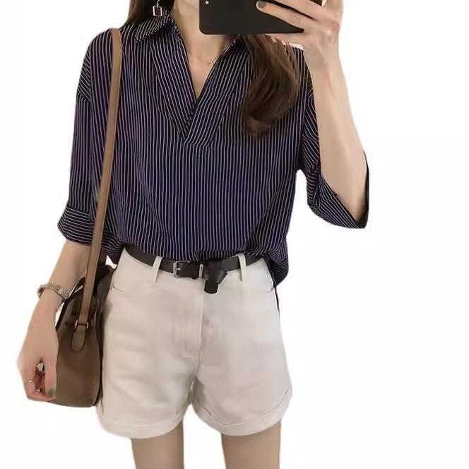 Striped Loose Fit Shirt For Women With Polyester Fabric Summer Casual Wear