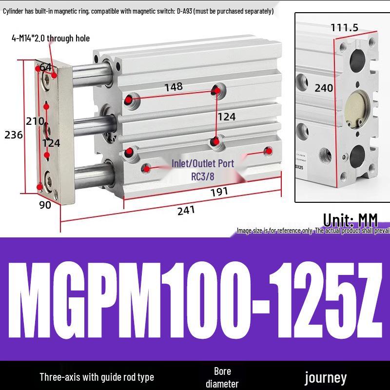 Compact Three-Axis Pneumatic Guided Rod Cylinder 12/16/20/25/32-10/20/40/50/75z