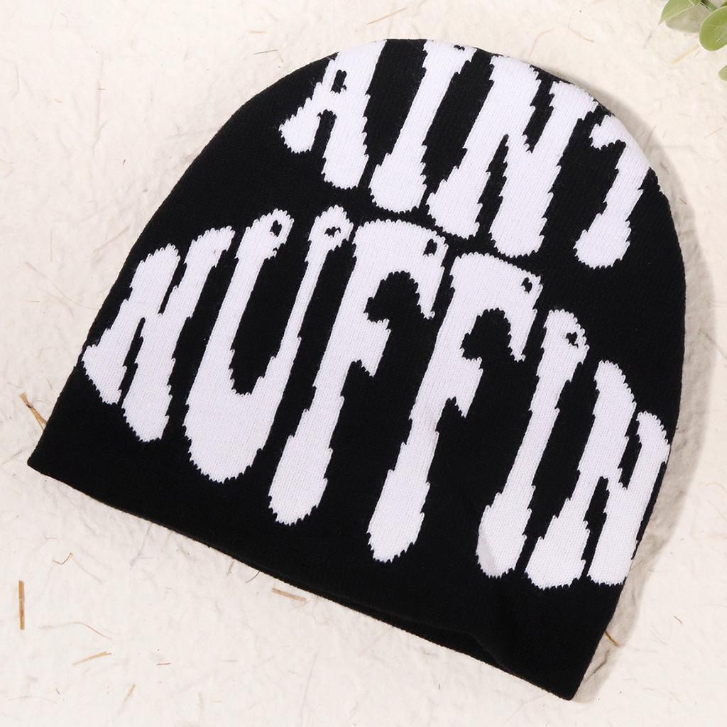 Double Fashion Sided Knitted Hat With Letter Embroidery Design For Season Cold