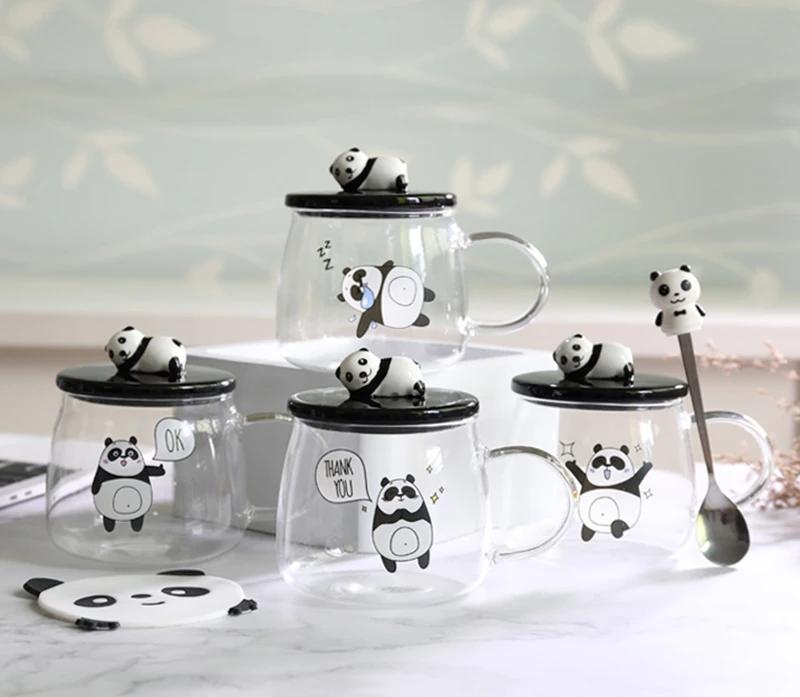 Cană de sticlă rezistentă la căldură creativă de 500 ml cu capac din sticlă borosilicată, cu desene animate de panda, cană de lapte pentru micul dejun și cafea pentru acasă