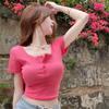 Women's Rose Red Slim Fit Short-Sleeve Crop Top - Stylish & Youthful Summer Essential