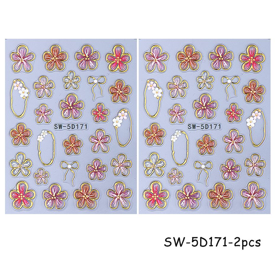 5D Crystal Lily Embossed Nail Sticker Colorful Petal Gold Line Frame Bow Slider Decal DIY Manicure Decor Accessories Tools
