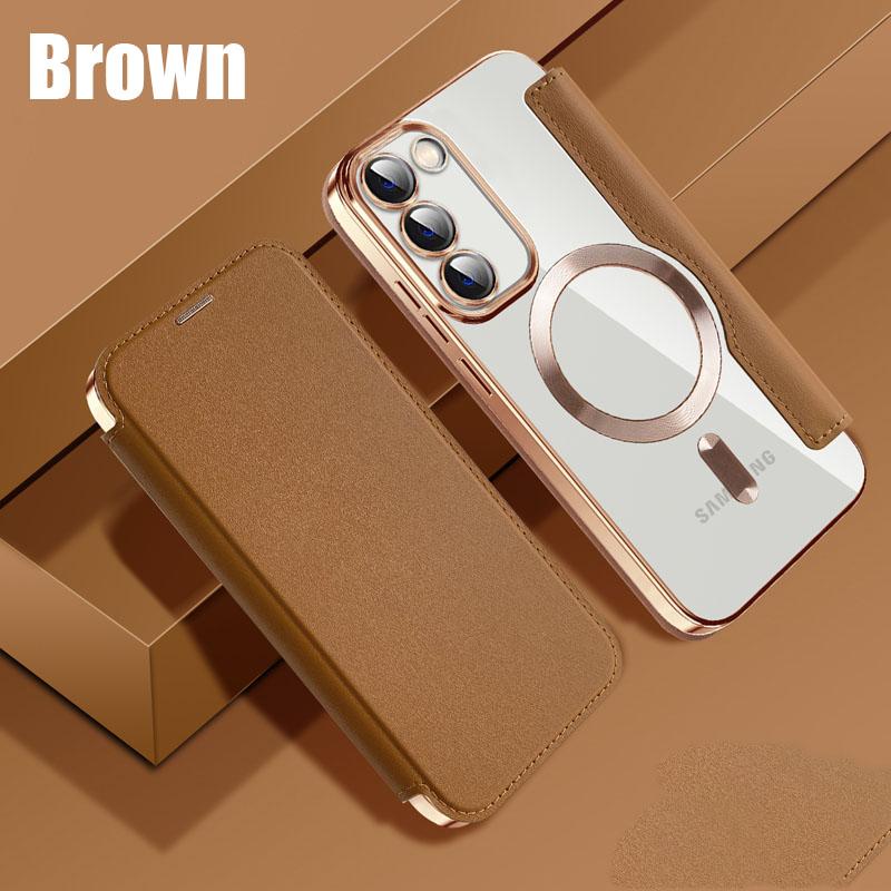 Leather Flip Cover Electroplat Silicone TPU Case For Samsung Galaxy S23 Ultra Plus Magnetic Wireless Charging Lens Glass Film