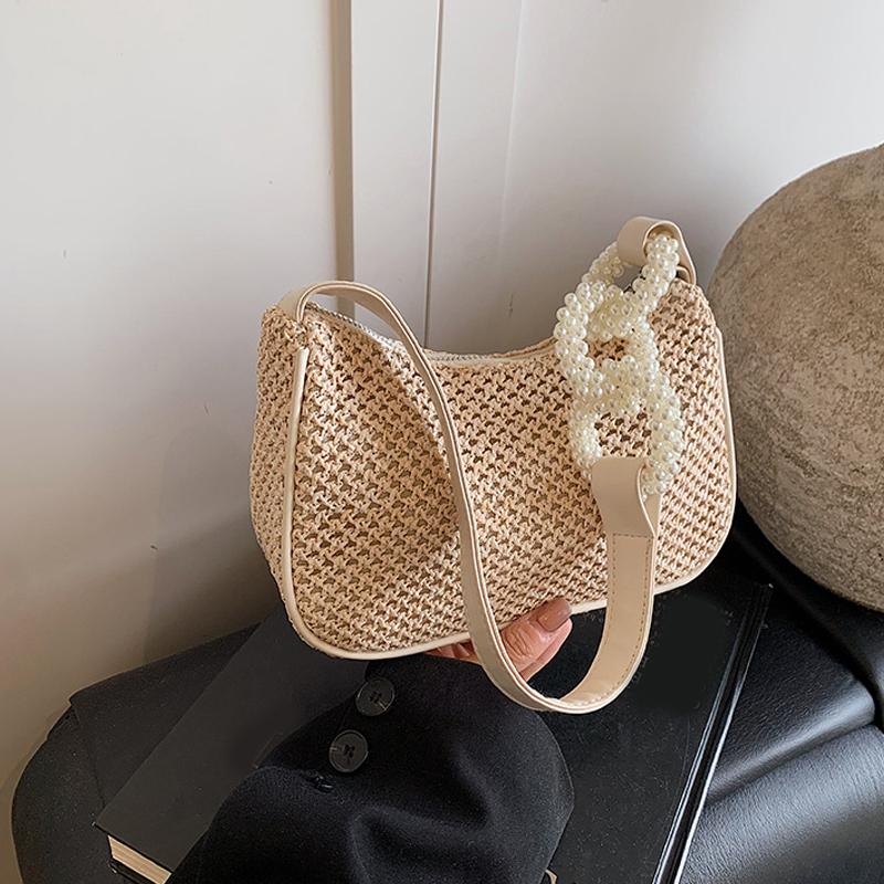 

Простая женская наплечная сумка Летняя новая пляжная дорожная сумка ПУ плетеная из травы лоскутная сумка-полумесяц Ручной работы Сумка для поездок AVE 23x8x15cm бежевый