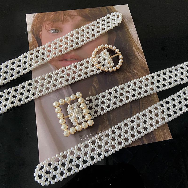 Pearl Ladies Belt Elastic Beaded Waist Chain Women'S, Simple Rhinestone Inlaid Square Buckle Waist Seal Tide