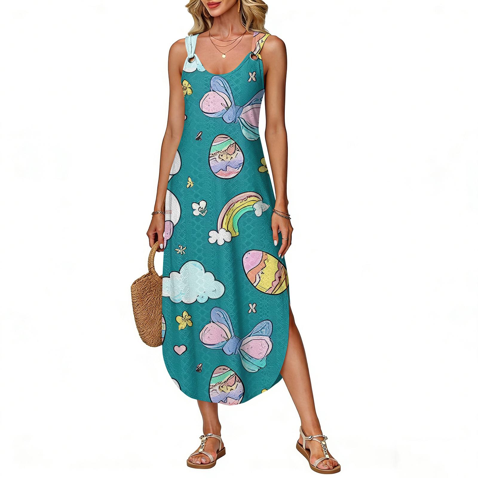 Women s Summer Long Dress, Sleeveless With Side Slit, Long Easter Printed Vest Dress L