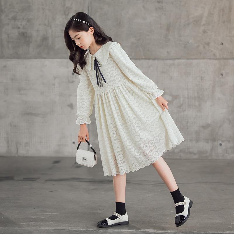 Girls' Lace Princess Dress with Long Sleeves and Mesh Skirt for Spring