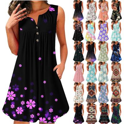 Mode Frauen V-Ausschnitt Druck ärmellose Tunika Kleider Plus Größe T-shirt Kleid