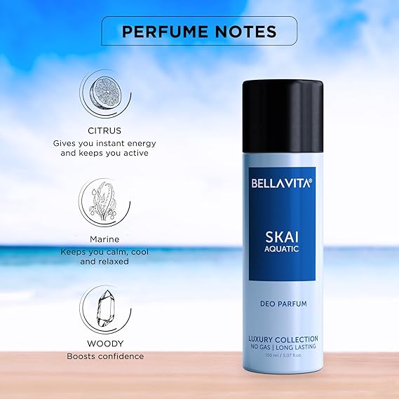 Bella Vita Luxury SKAI AQUATIC No Gas Deodorant Body Perfume for Men with Bergamot, Pineapple, Lavender | 150 ML