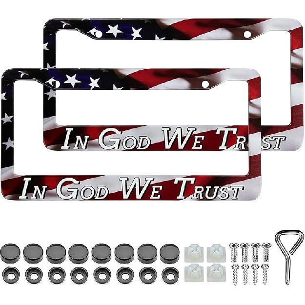American Flag License Plate Frame Holder - 2 Pack Universal Aluminum Matte Stripe US Flag Gloss Patriotic Car Plate Frame Covers With Free Screws