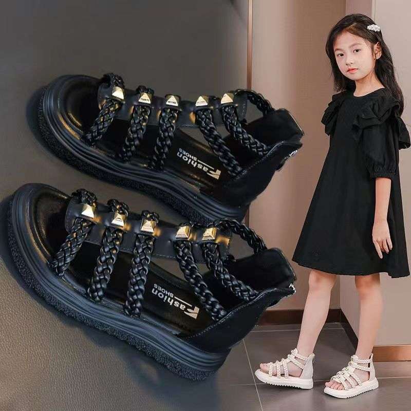 Girls sandals 2025 new summer woven little girl baby princess roman shoes soft-soled open-toed children's sandals