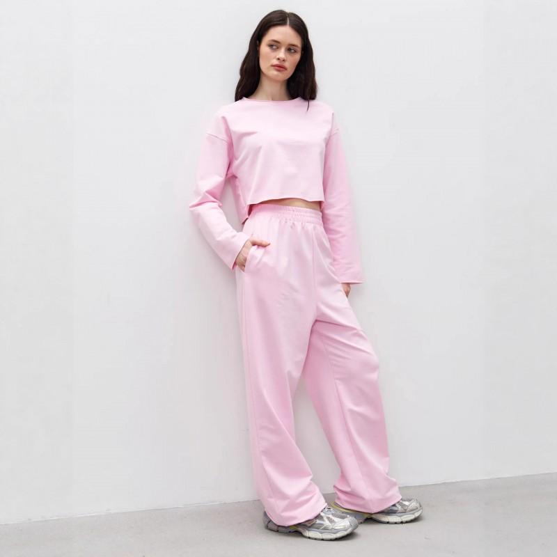 Womens Casual 2-Piece Set Long Sleeve Round Neck T-Shirt Elastic Wide Leg Pants Pure Color Streetwear