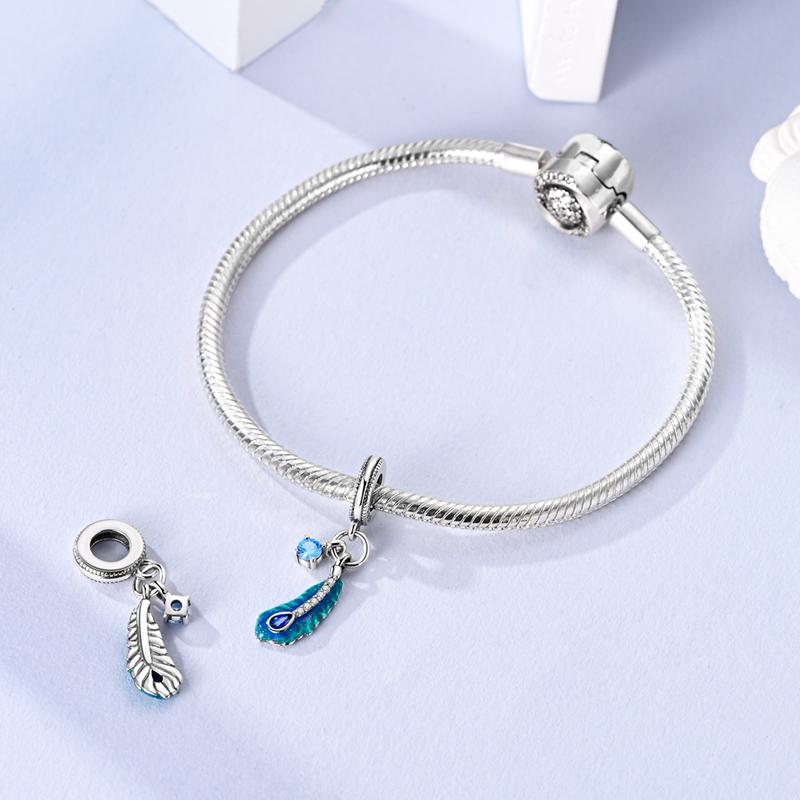 Charms Copper Dreamy Blue-Green Zircon Feather Pendants Fit Charms Plata Original Bracelet Beads Women Jewellery Making
