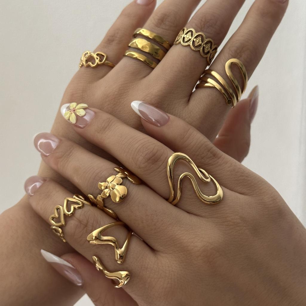 Stainless Steel Gold Color Love Heart Ring Set For Women Hollow Flower Geometric Finger Rings Party Vacation Waterproof Jewelry