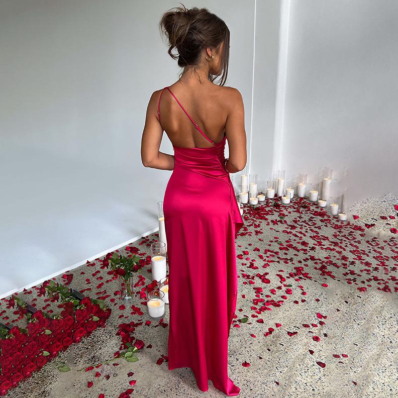 2026 New Women's Asymmetric Satin Slit Dress, Sexy Off-Shoulder Backless Maxi Gown for Evening Party & Formal Events