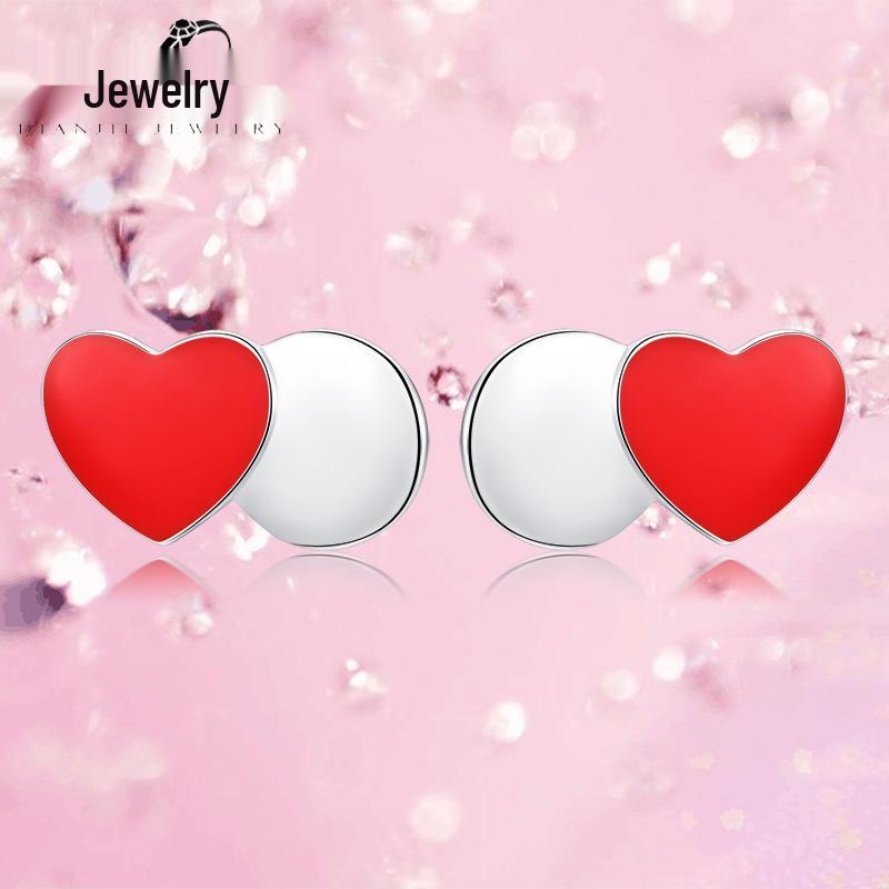 New Year S925 Sterling Silver Asymmetrical Red Heart Splicing Stud Earrings - Korean Light Luxury Jewelry