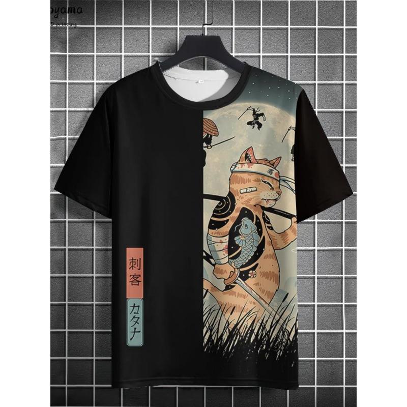 Japanese Samurai Cat 3D Printed T-Shirts for Men Short Sleeve Tee Casual Loose Harajuku Men's Clothing Oversized T-Shirt Tops