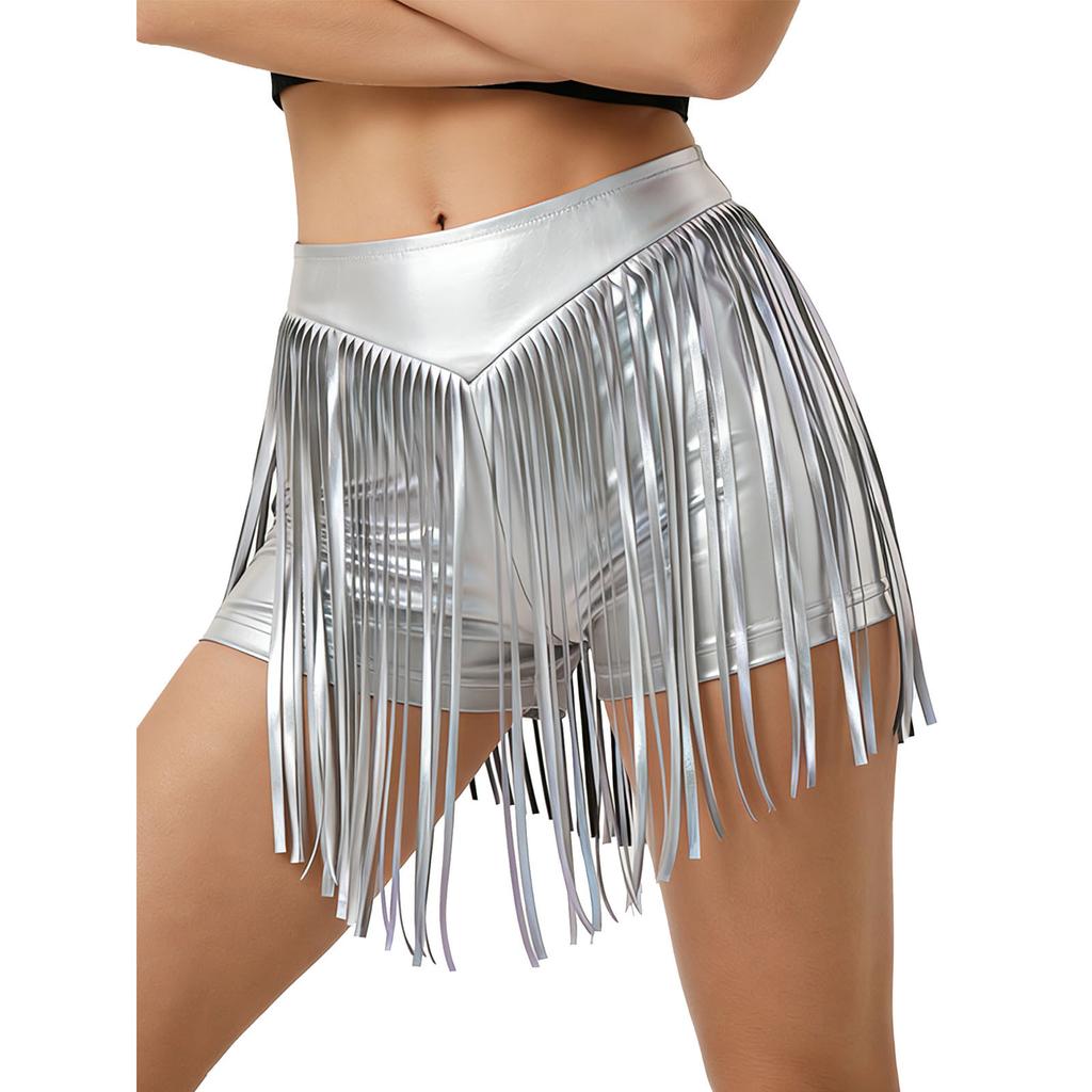 S-XXL Women's Fringed Booty Shorts: High Waist Iridescent Metallic Hot Pants with Tassel for Jazz Rock Dance Performance