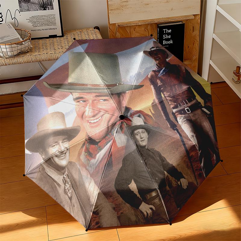 1pc John Wayne's Western Cowboy Trail Umbrella Portable Folding Umbrella Iron Frame Hole Bone Structure Outdoor Home Umbrella