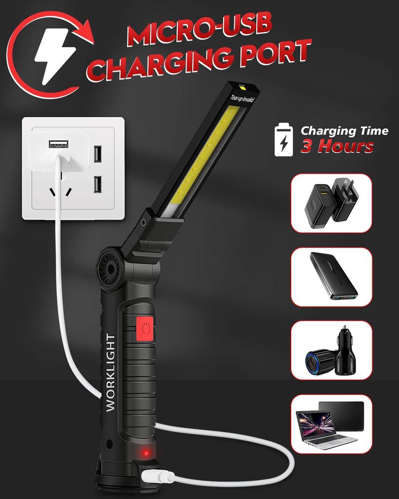 USB Rechargeable Portable COB LED Flashlight Work Light Magnetic Lanterna Hanging Lamp with Built-in Battery Camping Torch