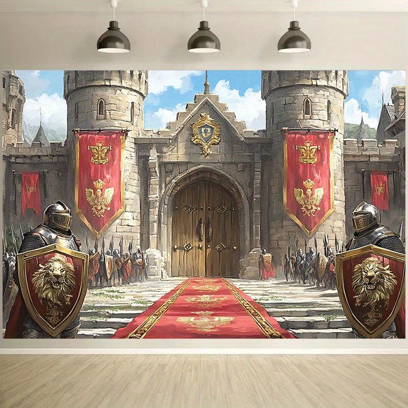 2D banner 1 piece, 2D medieval castle background with red lion shield and Knight design Halloween party, themed event, tailgate