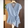 WTEMPO Women Chiffon Wrap Blouse V Neck Ruffle Sleeve Waist Tie Slim Elegant Summer Office Commuter Irregular Hem Shirt Top