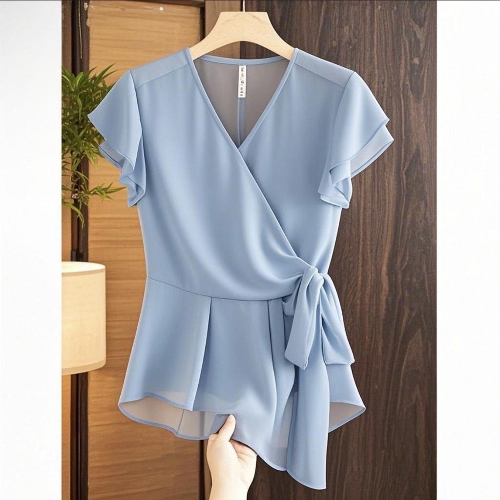 WTEMPO Women Chiffon Wrap Blouse V Neck Ruffle Sleeve Waist Tie Slim Elegant Summer Office Commuter Irregular Hem Shirt Top
