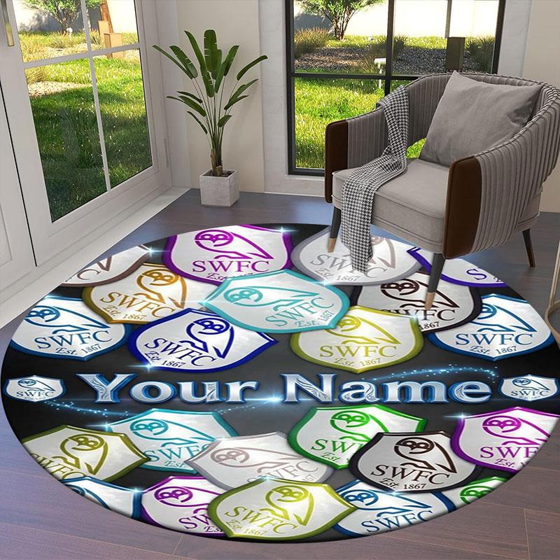 Sheffield Wednesday Football Club Custom Name Round Area Rug,Carpet Rug for Living Room Bedroom Sofa Playroom Decor,Non-slip Floor Mat