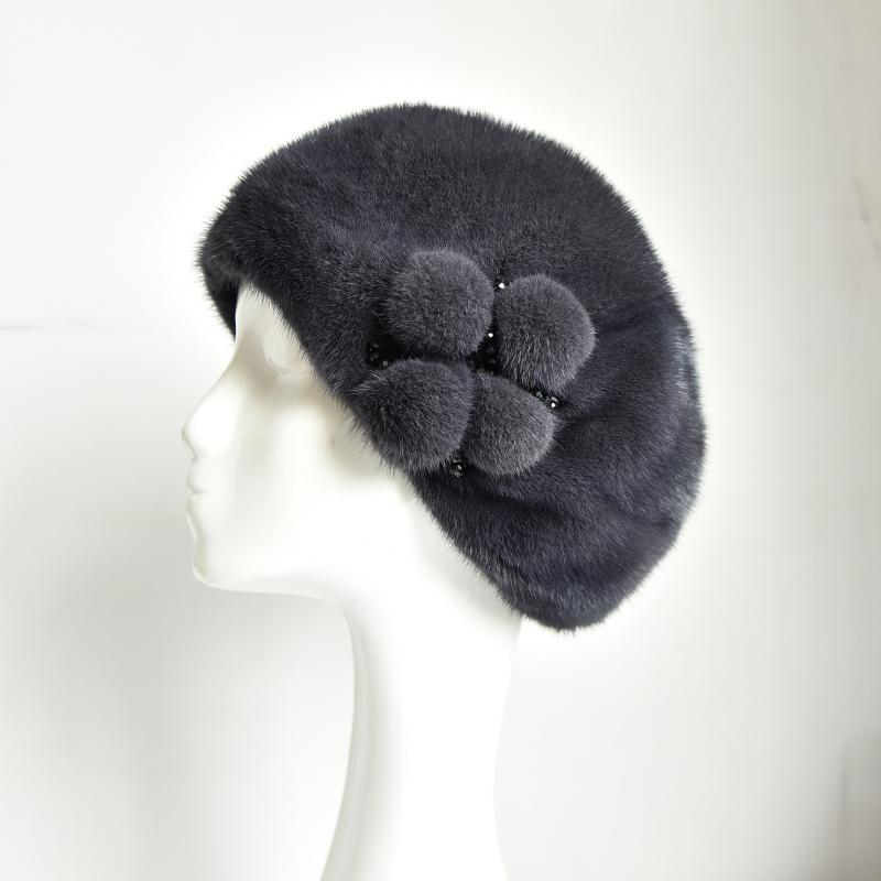 Mink Fur Winter Hats Women Real Mink Fur Berets Warm Genuine Fur Caps With Flower New Female Hat