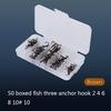 50pcs Box Fishing Hook Sharpened Treble Hook 5 Sizes 2 4 6 8 10 Fishhook Tackle Brown