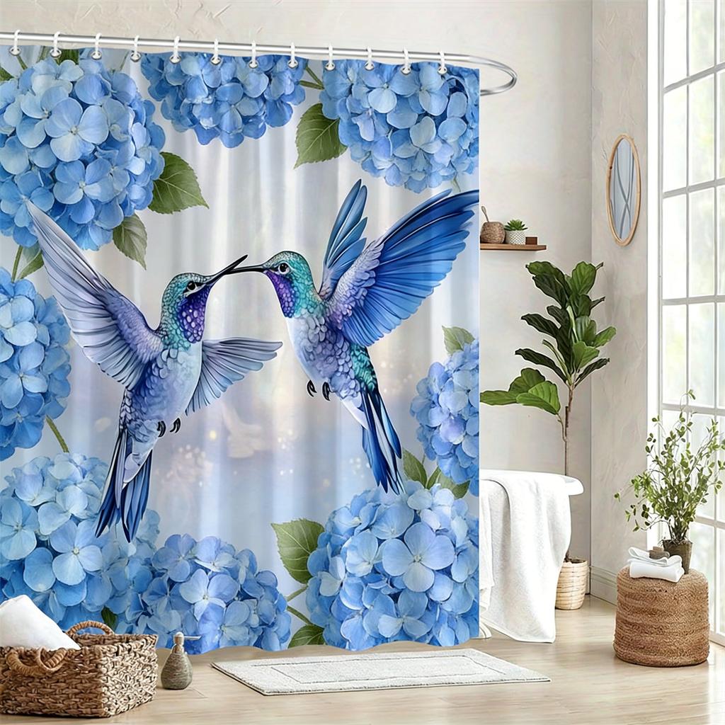Pair Of Green Hummingbirds & Lily Of The Valley Waterproof Shower Curtain For Bathroom Decor