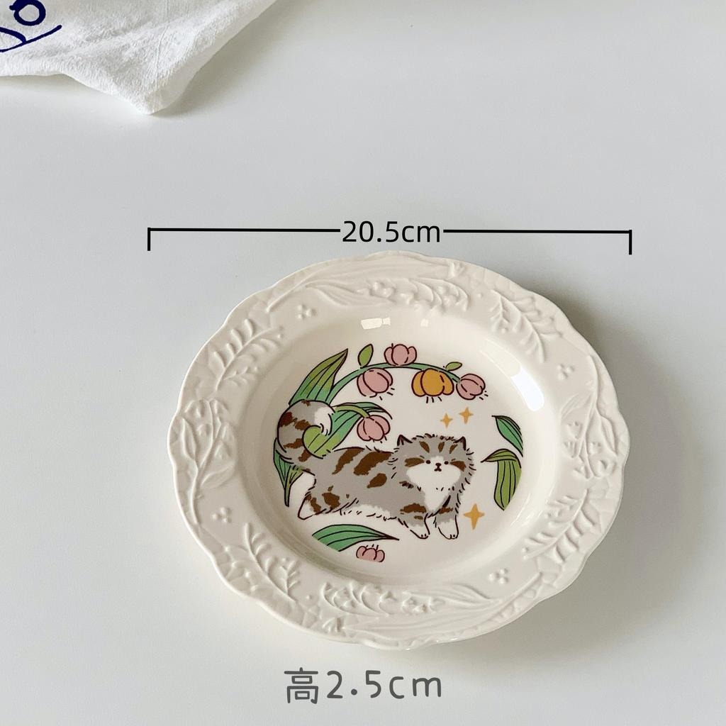 Japanese Cute Cartoon Cat Ceramic Relief Plate Dessert Cake Noodle Plate Household Dish Plate Western