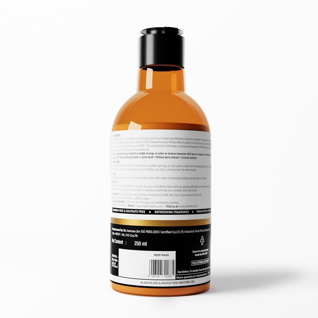 Dr. Sheths’ Licorice & Lactic Acid Body Wash 250ml Pack Gentle Exfoliating Shower Gel For Smooth Skin