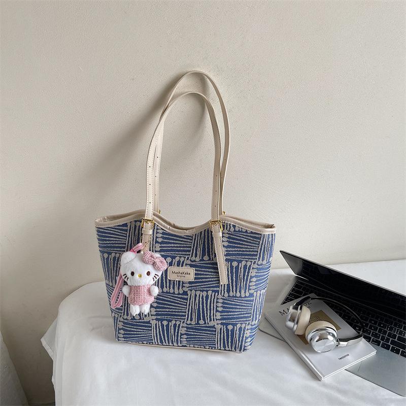 Striped canvas bag women's large-capacity new autumn and winter versatile casual shoulder bag college student class tote bag
