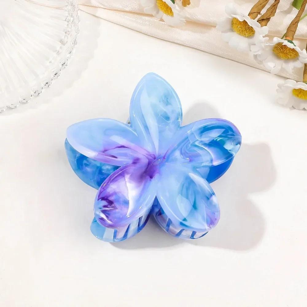 8cm Marble Pattern Frangipani Flower Hair Claw for Women Handmade Dyeing Design Acrylic Large Shark Clips Vacation Accessories